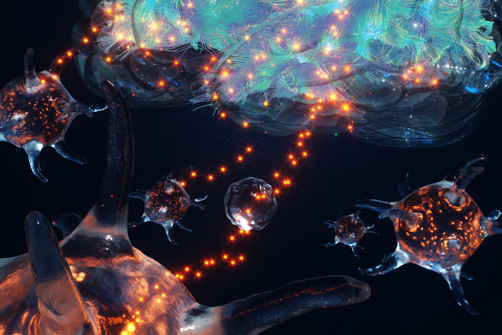 Blood platelets releasing orange factor to the brain