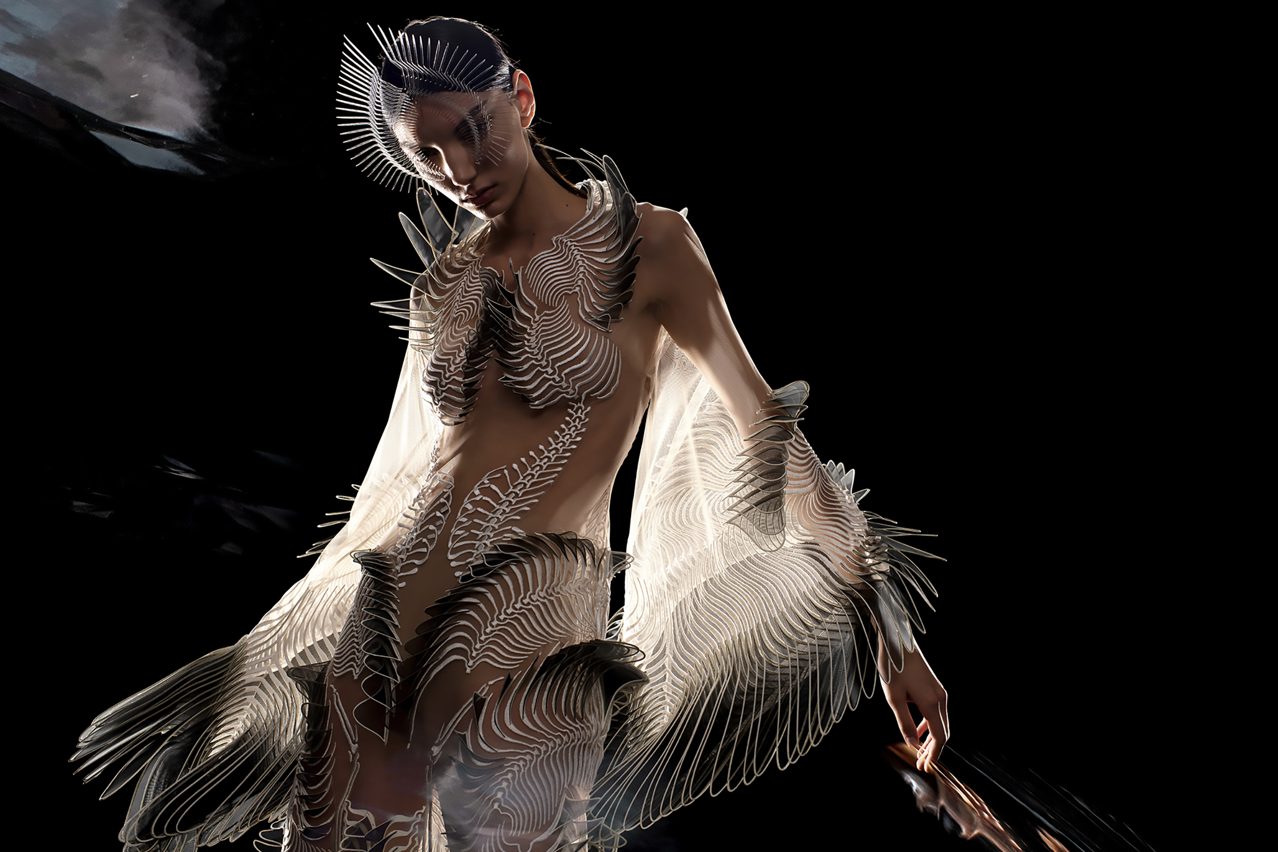 Iris van Herpen. Kimono Dress, from the collection, 2020. Glass organza, crepe, tulle, and Mylar. Model: Cynthia Arrebola. (Photo: David Ụzọchukwu)