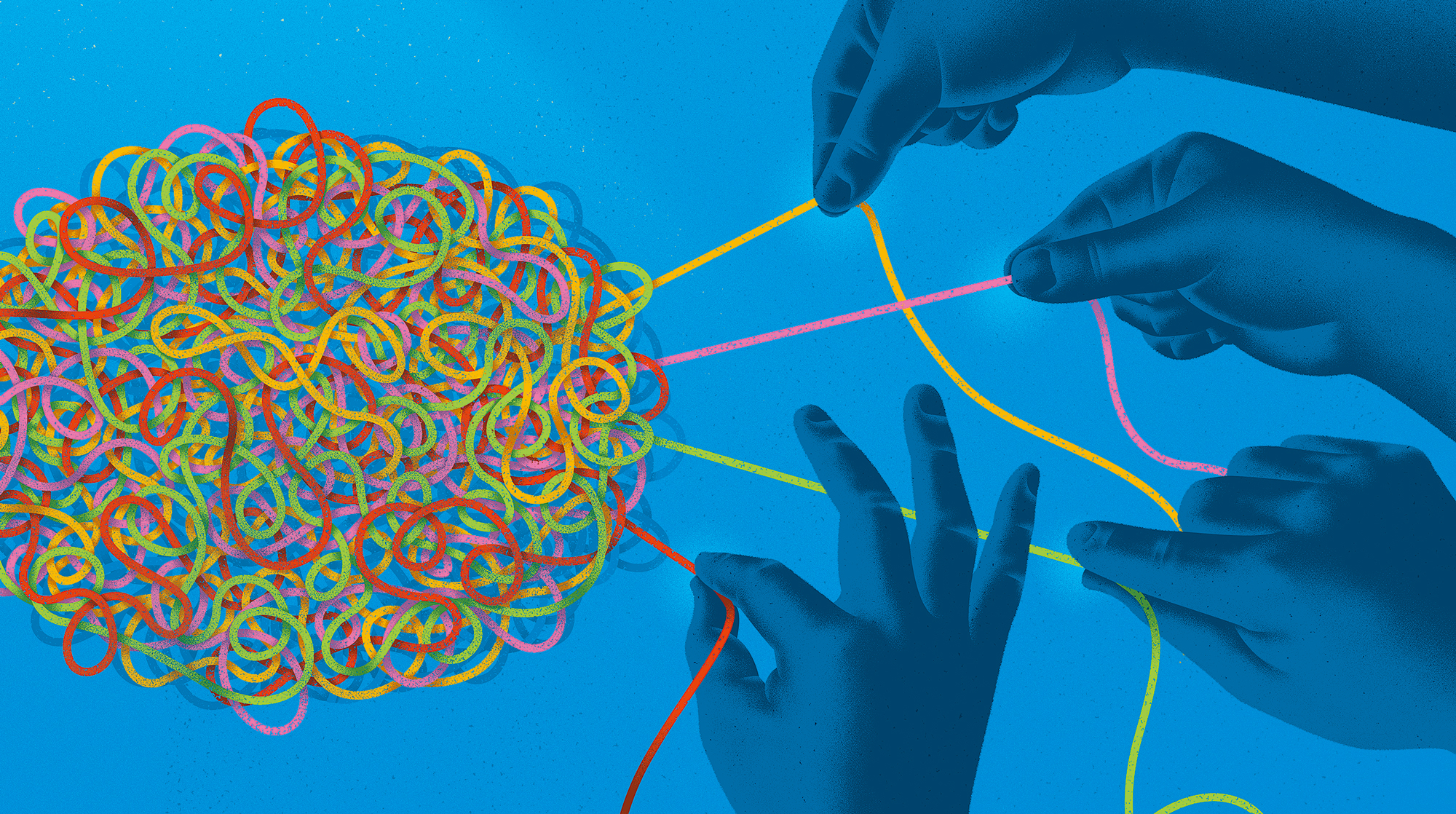 An illustration of a group of hands trying to untangle a large ball of multicolored string.