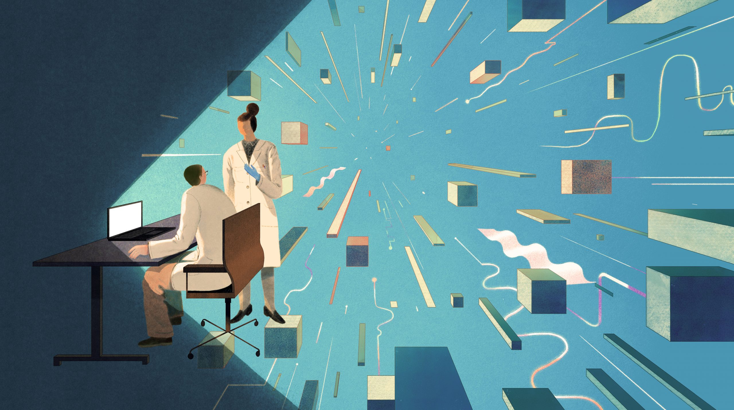 Illustration of researchers working at a computer surrounded by helpful modules and agents, depicted as floating cubes