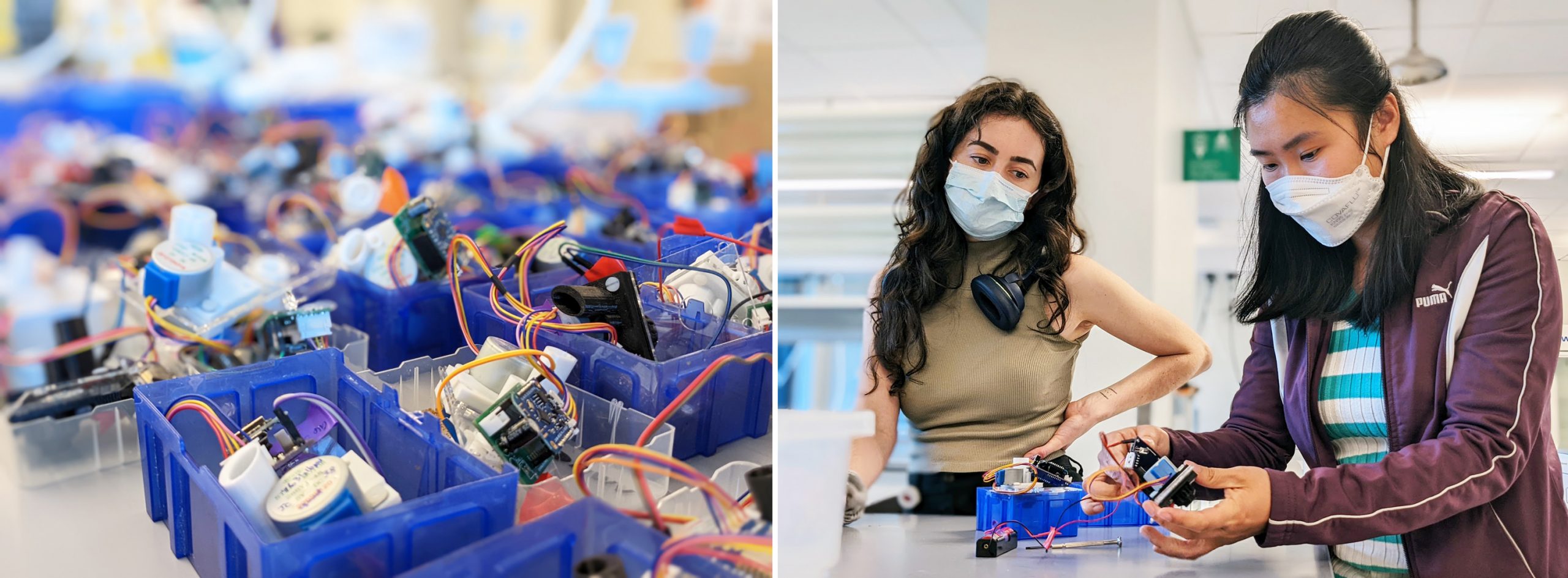 Emma Costa and Jingxun Chen building and checking the automated fish feeders.