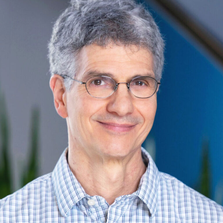 Portrait of a smiling man with graying hair wearing wire-rimmed glasses and a light-colored plaid button-down shirt.