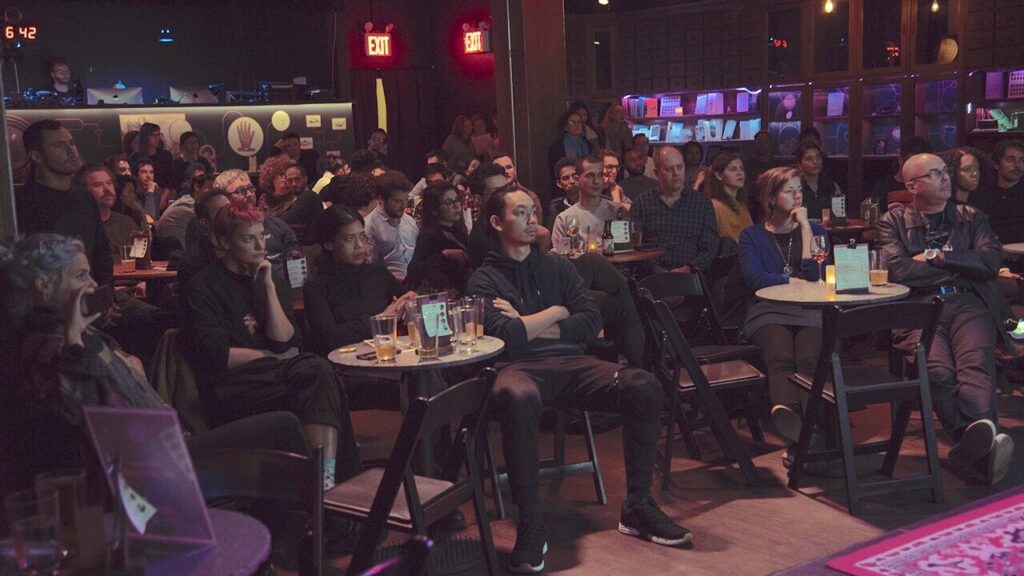 The crowd at Caveat for the Imagine Science Film Festival’s closing night, during which the Symbiosis films were screened for the first time