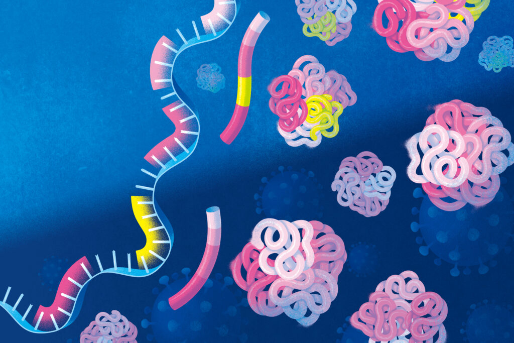 Colorful illustration of a blue RNA strand with highlighted pink and yellow sections, surrounded by clusters of tangled, ribbon-like protein structures against a deep blue background.