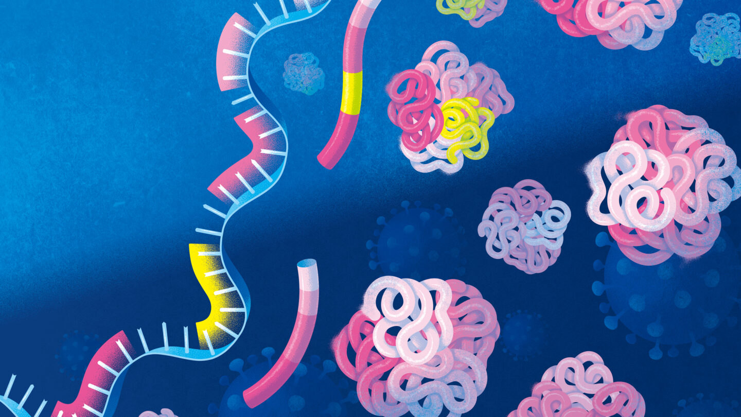 Colorful illustration of a blue RNA strand with highlighted pink and yellow sections, surrounded by clusters of tangled, ribbon-like protein structures against a deep blue background.