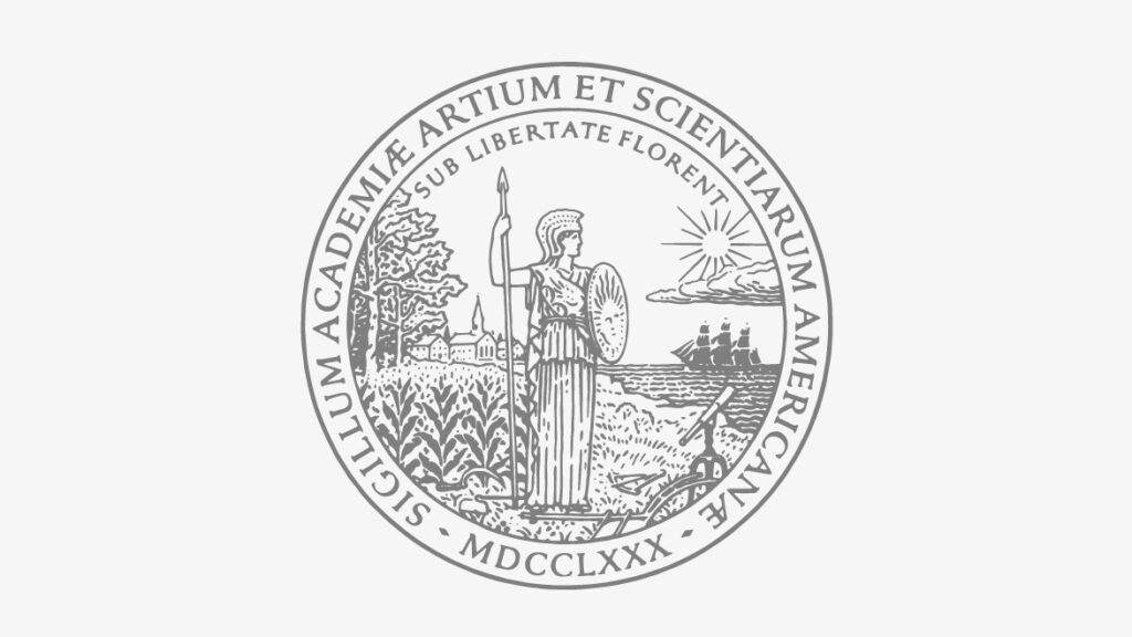 Seal of the American Academy of Arts and Sciences featuring a central figure of Minerva, a landscape with a ship and a village, and the Latin text Sigillum Academiae Artium et Scientiarum Americanae MDCCLXXX.