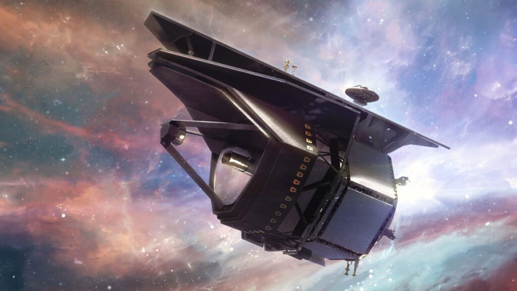 A space telescope with a large, angled shield floating against a colorful nebula.