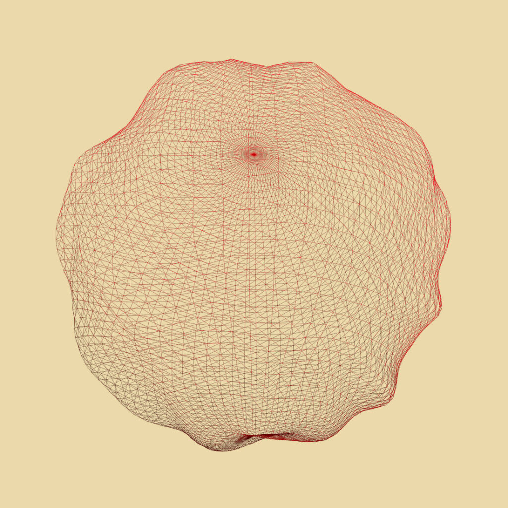 A red, wireframe, spherical shape with wavy edges is centered on a light beige background, resembling a 3D mesh or abstract digital sculpture.