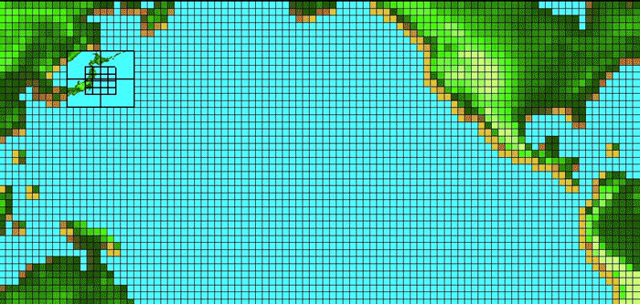 Pixel art map showing the Pacific Ocean with a grid overlay. A small highlighted square on the left marks a region near Japan. Blue represents water, green and brown represent land.