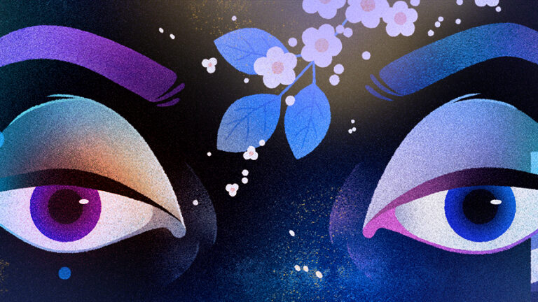 A digital illustration containing a set of stylized eyes with eyebrows and batwing eyeliner, separate open and closed eyes within square frames, leaves and flowers within square frames, various simple shapes, daisy-like flowers and leaves set against a dark background and overlaid with gold speckles. Smaller stylized flowers as well as spots are also scattered about the image.