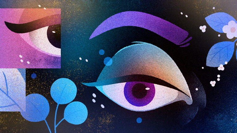 A digital illustration containing two stylized right-facing eyes, daisy-like flowers and leaves set against a dark background and overlaid with gold speckles. Smaller stylized flowers as well as spots are also scattered about the image. One eye's appearance is cut off by a square frame and the other is visible with its own eyebrow and prominent 