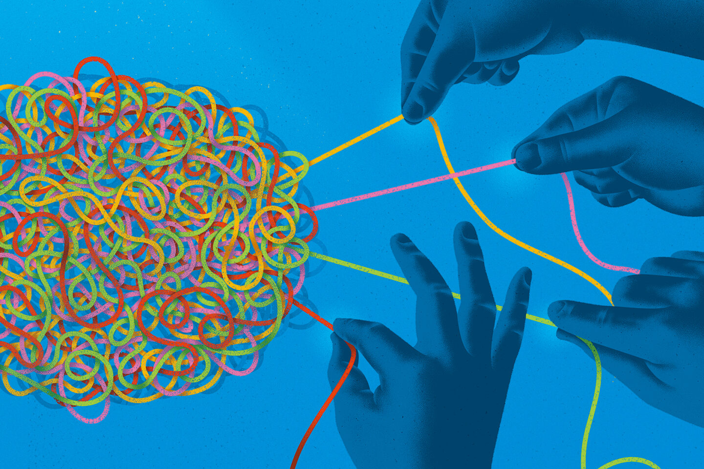 An illustration of a group of hands trying to untangle a large ball of multicolored string.