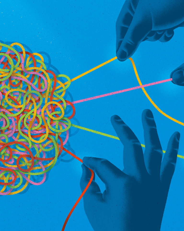 An illustration of a group of hands trying to untangle a large ball of multicolored string.