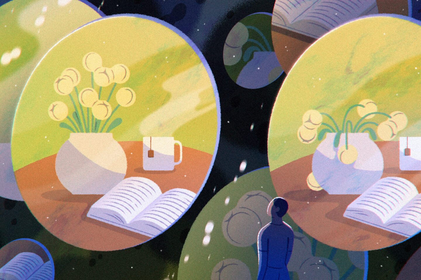 An illustration of a person looking at a vase of flowers and a cup of tea.