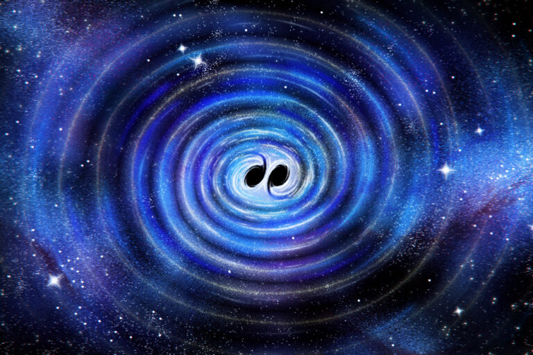 An illustration of gravitational waves from two black holes nearing a merger event.