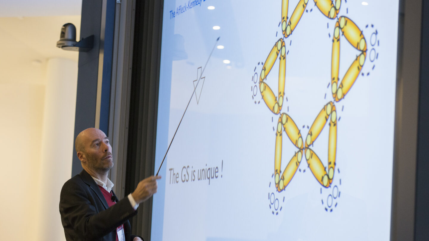Man presenting a slideshow while pointing a stick to it