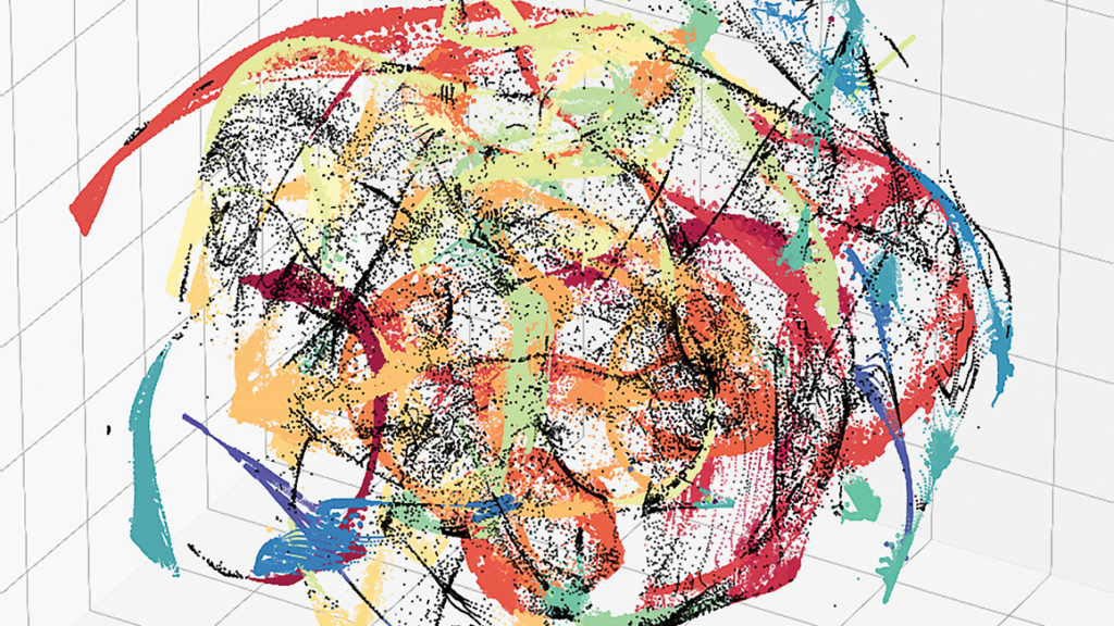 Microbial Model: Even CBIOMES’ simplified models of ocean microbial life can generate extraordinary complexity. Here, a machine-learning tool has distilled one model’s output into a three-dimensional representation of the abundance of 51 types of microbes. Each colored streak represents a different ocean province with a consistent phytoplankton community