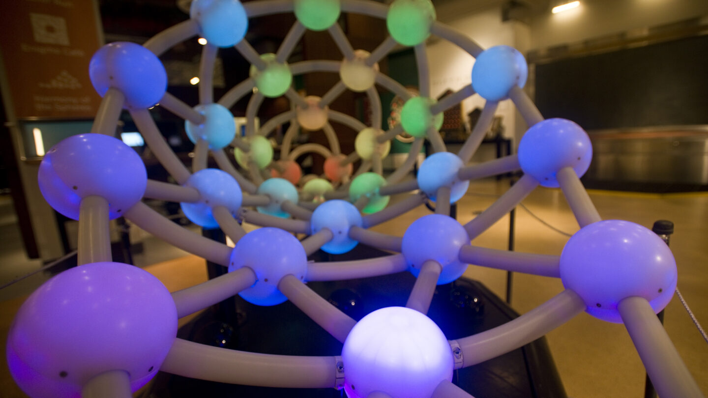 Interactive sculpture that makes a harmonic soundscape
