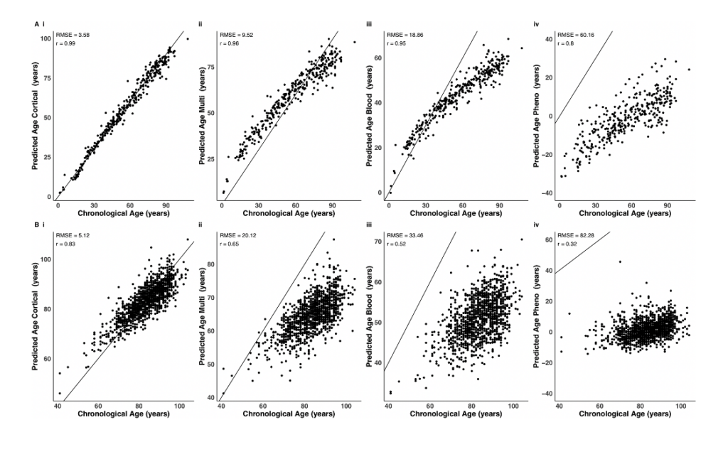 comparison of chronological age with DNA methylation age derived using four DNA methylation age clocks