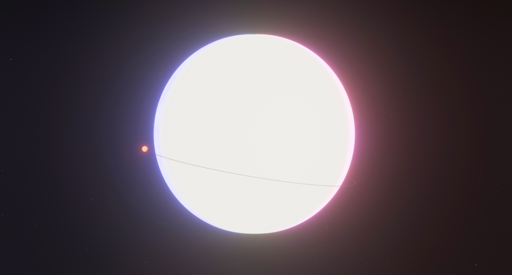 A small, dark planet passes in front of a large, bright, glowing star, creating a faint transit line across the stars surface. The background is mostly black, emphasizing the stars intense light.