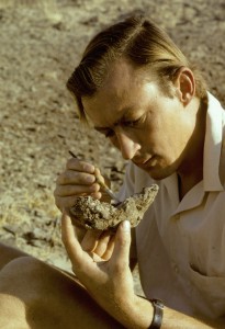 A man wearing a light shirt examines a fossil fragment outdoors, using a small tool to carefully clean or study it. The background is dry, rocky terrain.