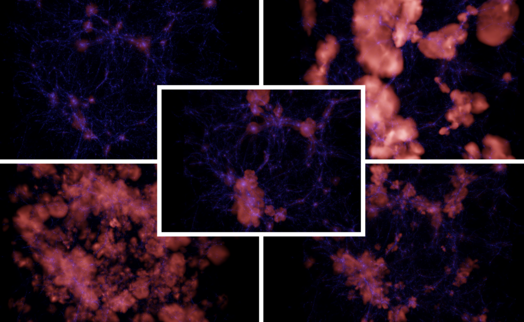 Five panels show cosmic web simulations: central and top left display blue filament structures, while the others add blurry red clouds, illustrating gas and matter distribution in the universe.