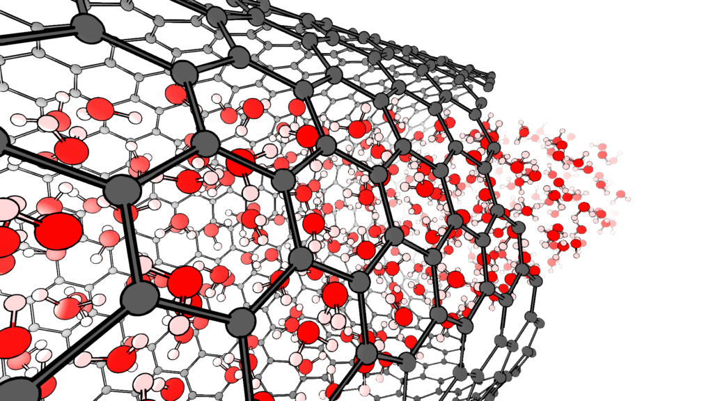 A molecular dynamics simulation of water flowing through carbon nanotube.