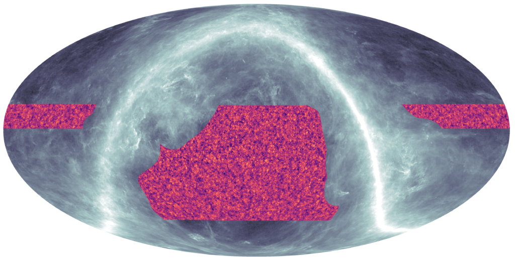 A circular abstract image with a cloudy, blue-gray background and bright white curved lines, overlaid by jagged magenta shapes filled with fine texture.