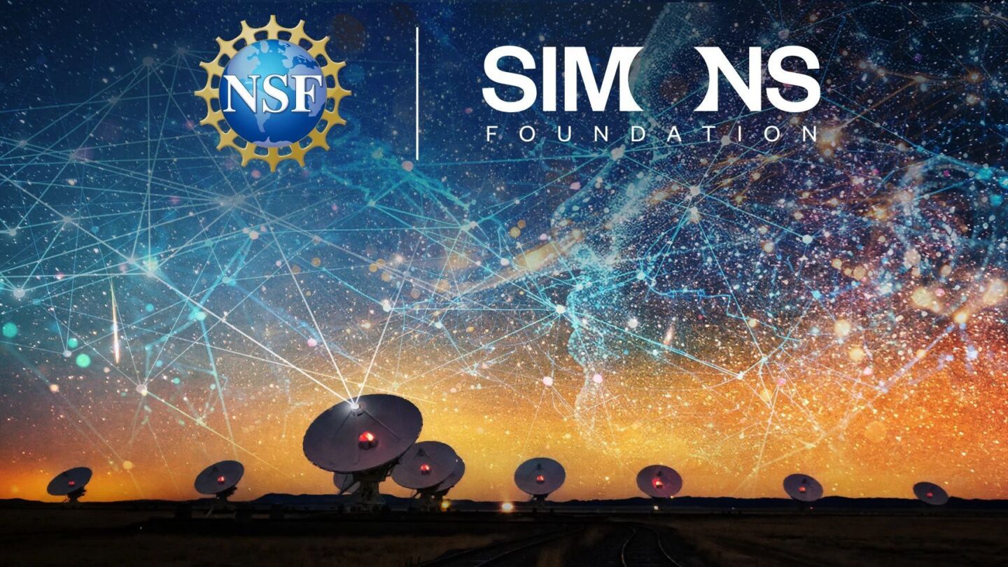 Combined image of NSF logo, Simons Foundation logo, constellations in the sky, and radio telescopes beneath the sky.