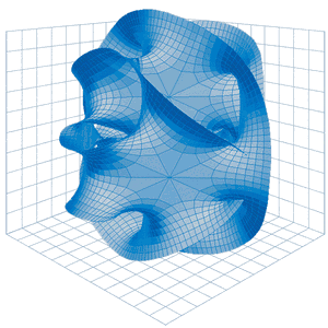 A rotating 3D blue geometric surface with curves and holes, displayed on a grid background.