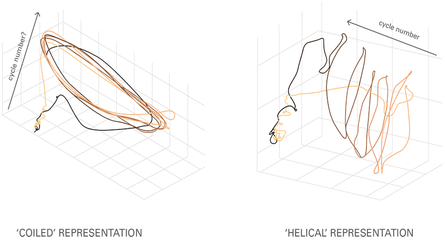 Side-by-side graphs of coiled (left) vs helical (right) representation