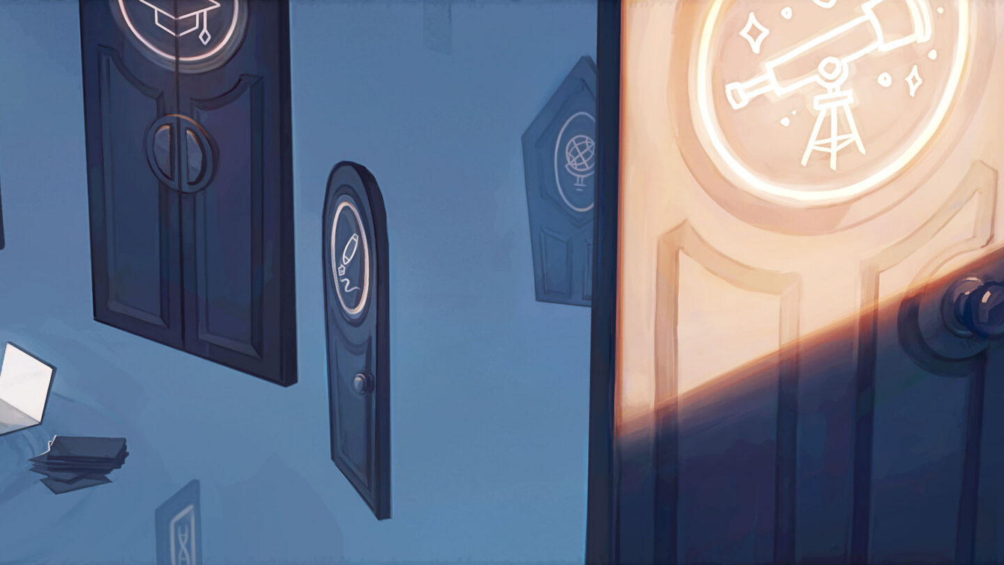 illustration of a young and old person choosing among different doors