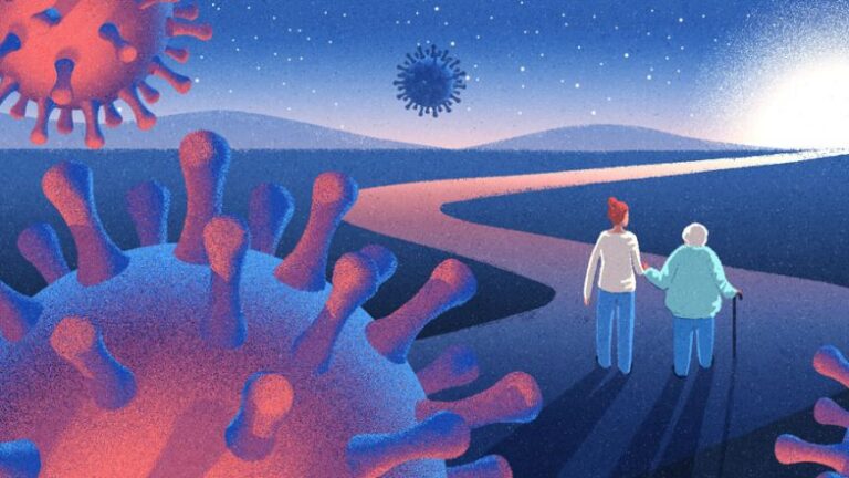Two people walk hand in hand on a path toward a bright horizon, surrounded by large illustrated virus particles under a starry sky.