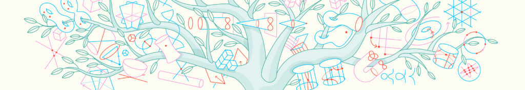 A digital illustration of a stylized tree with multiple shapes and lines of different kinds either hanging from or floating about its branches.
