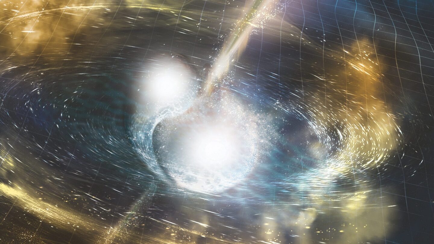 Two bright celestial objects collide in space, surrounded by swirling light, energy trails, and a faint grid representing spacetime. The scene illustrates a cosmic event, possibly a neutron star merger or black hole collision.