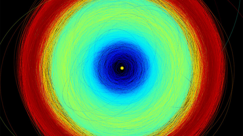 An image that shows the orbits of more than 150,000 asteroids in Gaia’s data release 3.
