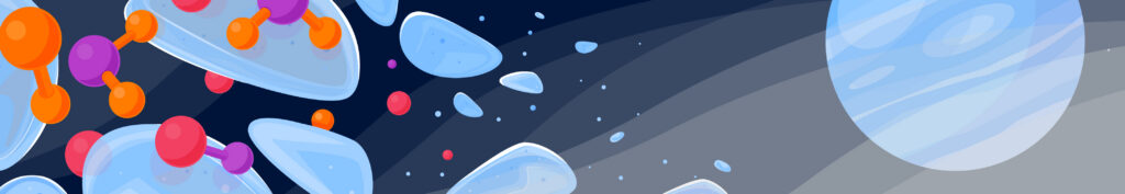A digital illustration of molecule structures and organic shapes floating in space to the left of a circular planet-like shape covered in layers of transparent 