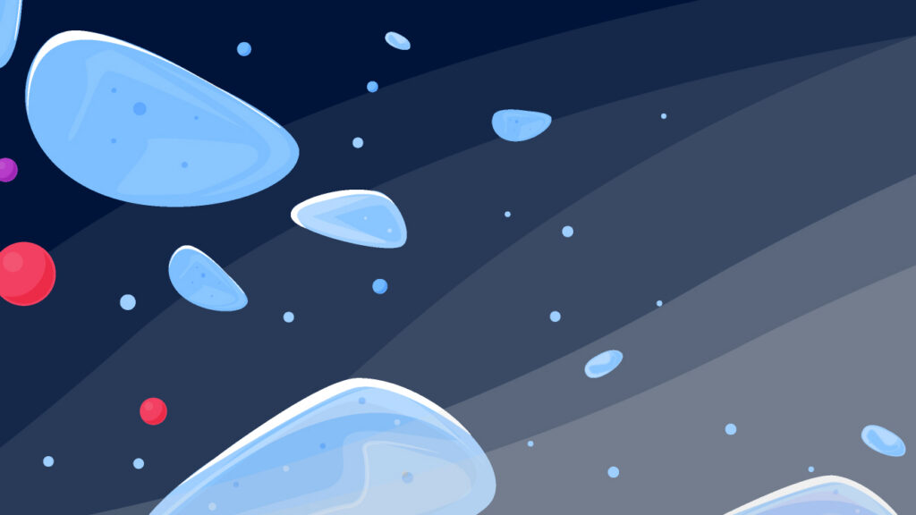 A digital illustration of molecule structures and organic shapes floating in space to the left of a circular planet-like shape covered in layers of transparent 