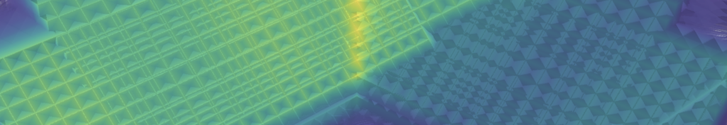 Abstract pattern of green and blue grids forming diagonal lines, intersecting with glowing yellow highlights, creating a futuristic geometric design.