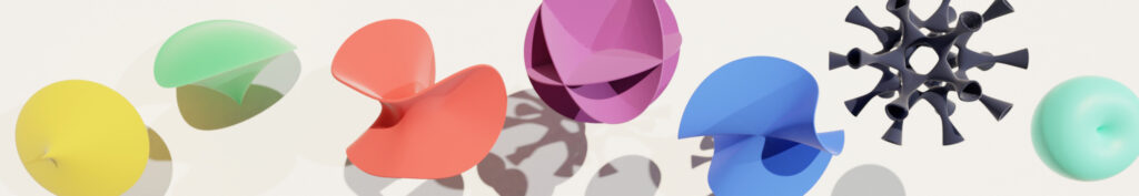 A digital illustration of several 3-D models of different colors and shapes.