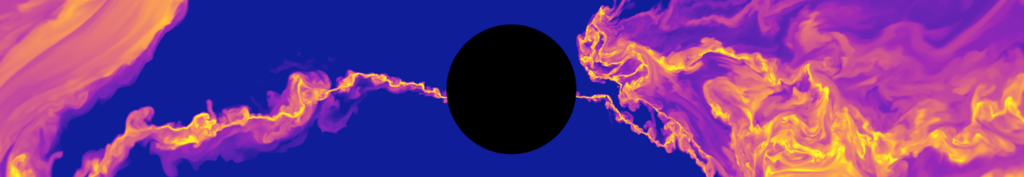 A digital illustration of a supermassive black hole with bright flares coming from either side of it.