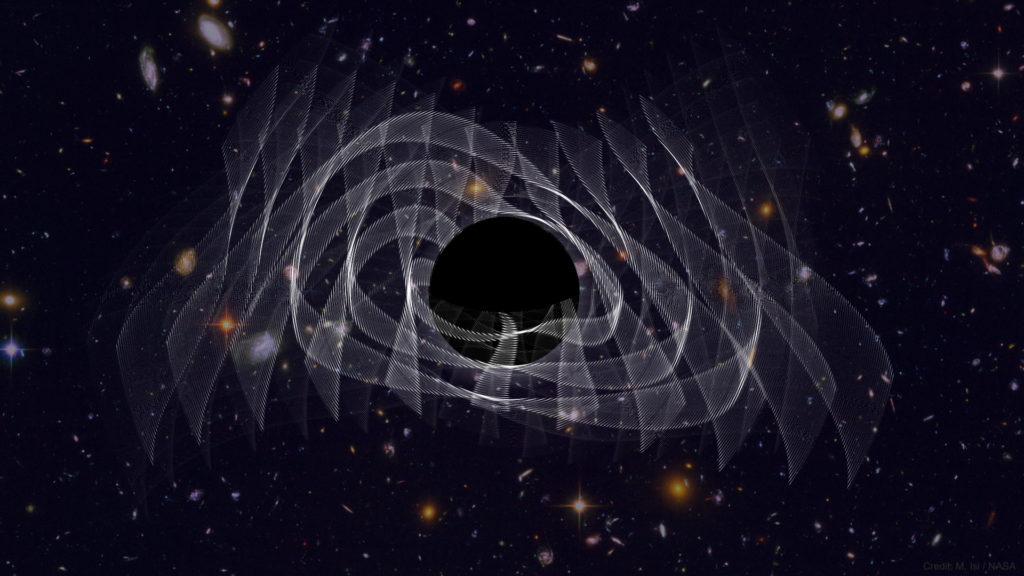 An illustration of a black hole. Surrounding the black hole are white lines representing gravitational waves.
