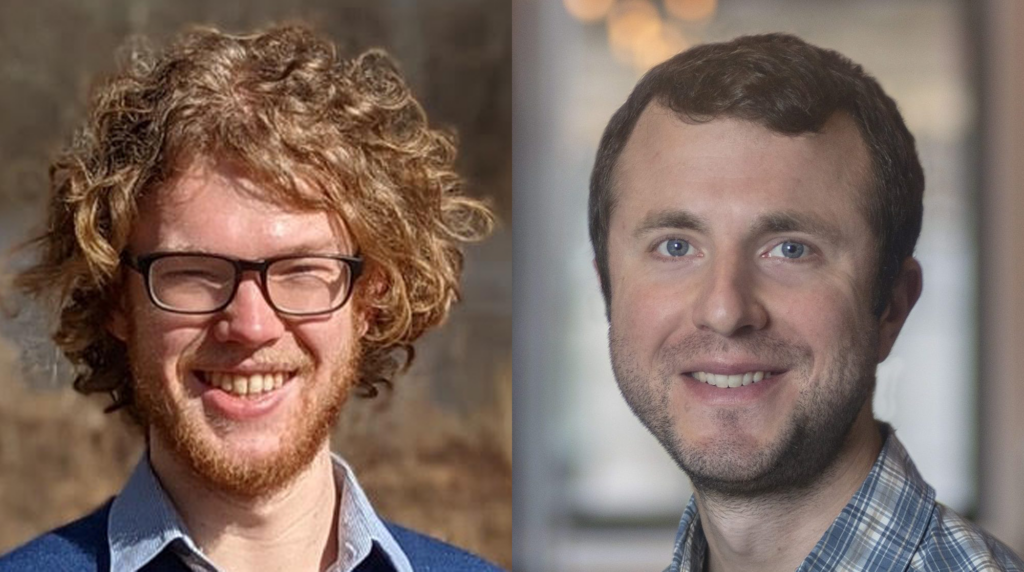 Two men side by side: the left man has curly hair, glasses, and a beard, smiling outdoors; the right man has short brown hair, no glasses, and is smiling in an indoor setting.