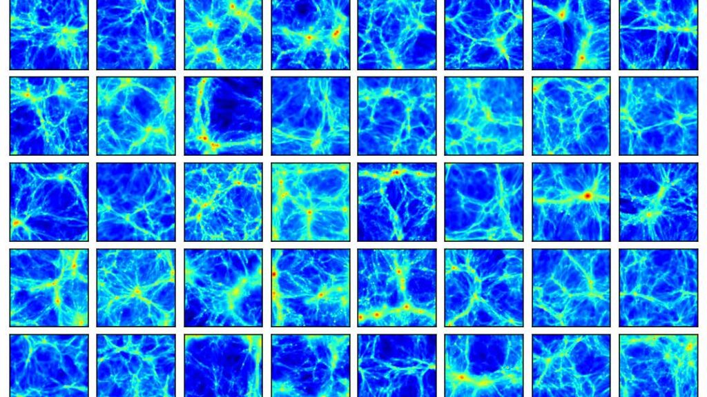 A screenshot of a collection of gas density maps taken from 80 different simulations run by the CAMELS project using code taken from SIMBA.