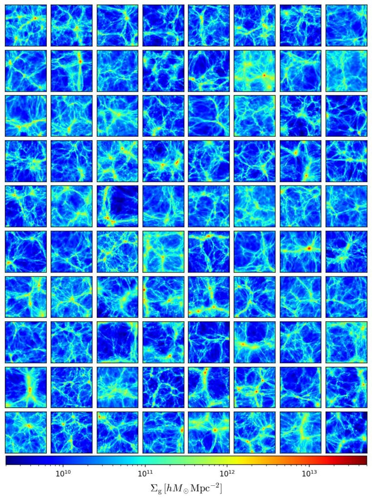 A screenshot of a collection of gas density maps taken from 80 different simulations run by the CAMELS project using code taken from SIMBA.