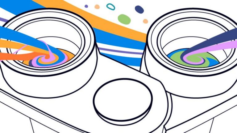 A stylized robot face with colorful, swirling streams and circles emerging from its eyes, creating a dynamic and vibrant effect.