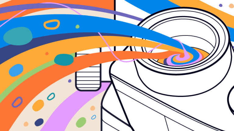 Colorful swirls and bands flow into the open top of a stylized camera in this abstract illustration, with dots and lines creating a sense of motion and creativity.