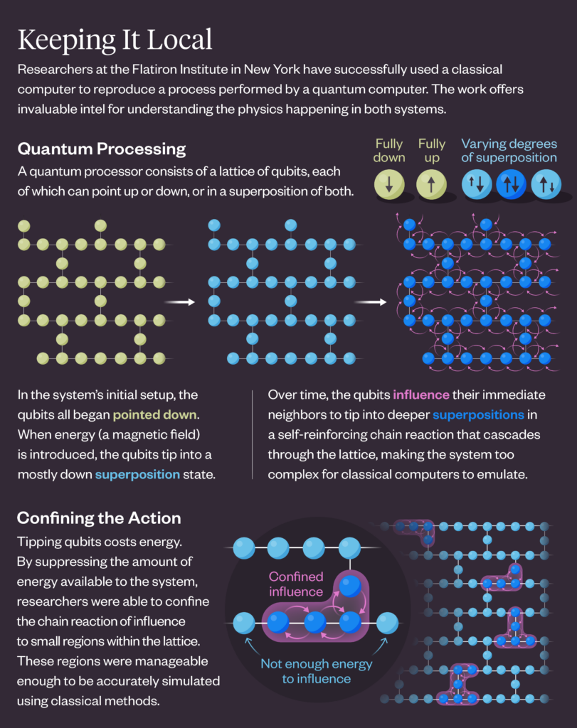 Infographic explaining quantum processing: diagrams show qubits in fully up, fully down, and superposition states, with arrows illustrating influence and regions of confined or not enough energy for tipping. Text describes research findings.