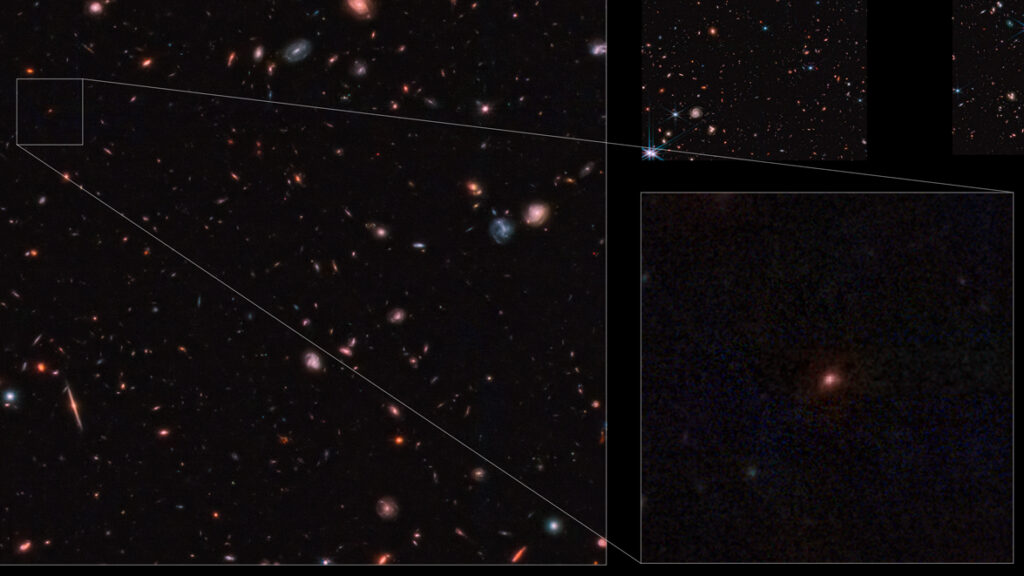 A deep space image shows many distant galaxies. A small, faint red galaxy is highlighted and zoomed in with inset boxes connected by lines for closer detail. The background is mostly black.