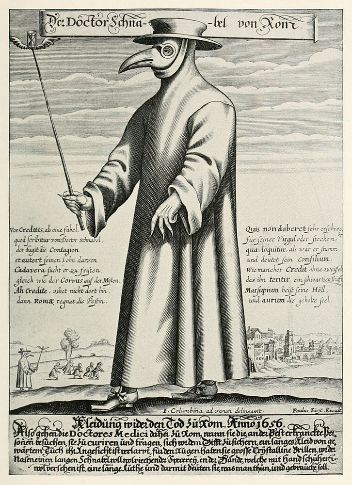 Engraving of a plague doctor in a long coat, gloves, and a beaked mask holding a staff. Text in German and Latin surrounds the figure, and a cityscape is visible in the background.